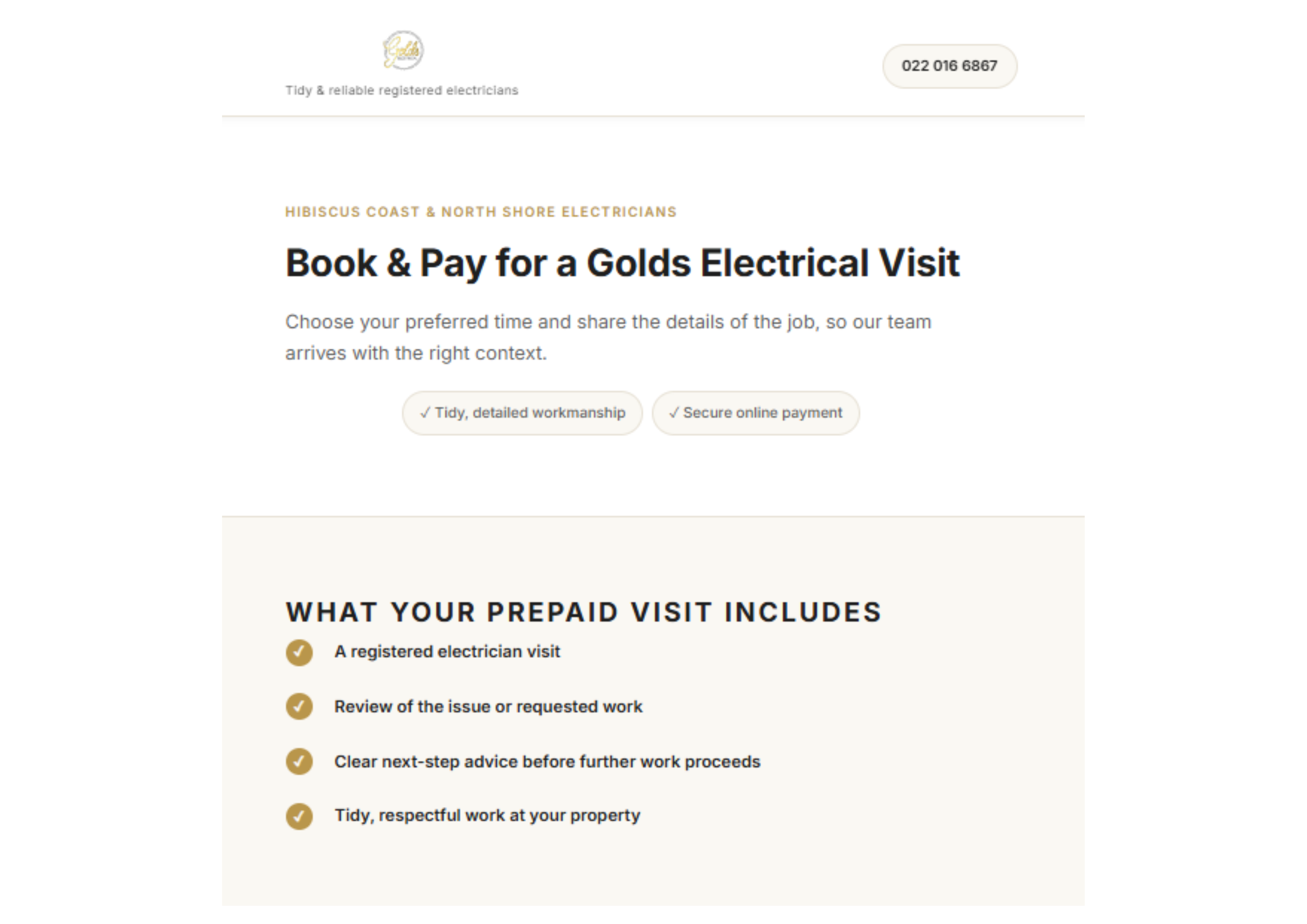 Golds Electrical online booking page with heading 'Book and Pay for a Golds Electrical Visit', trust badges for tidy workmanship and secure payment, and a list of what the prepaid visit includes