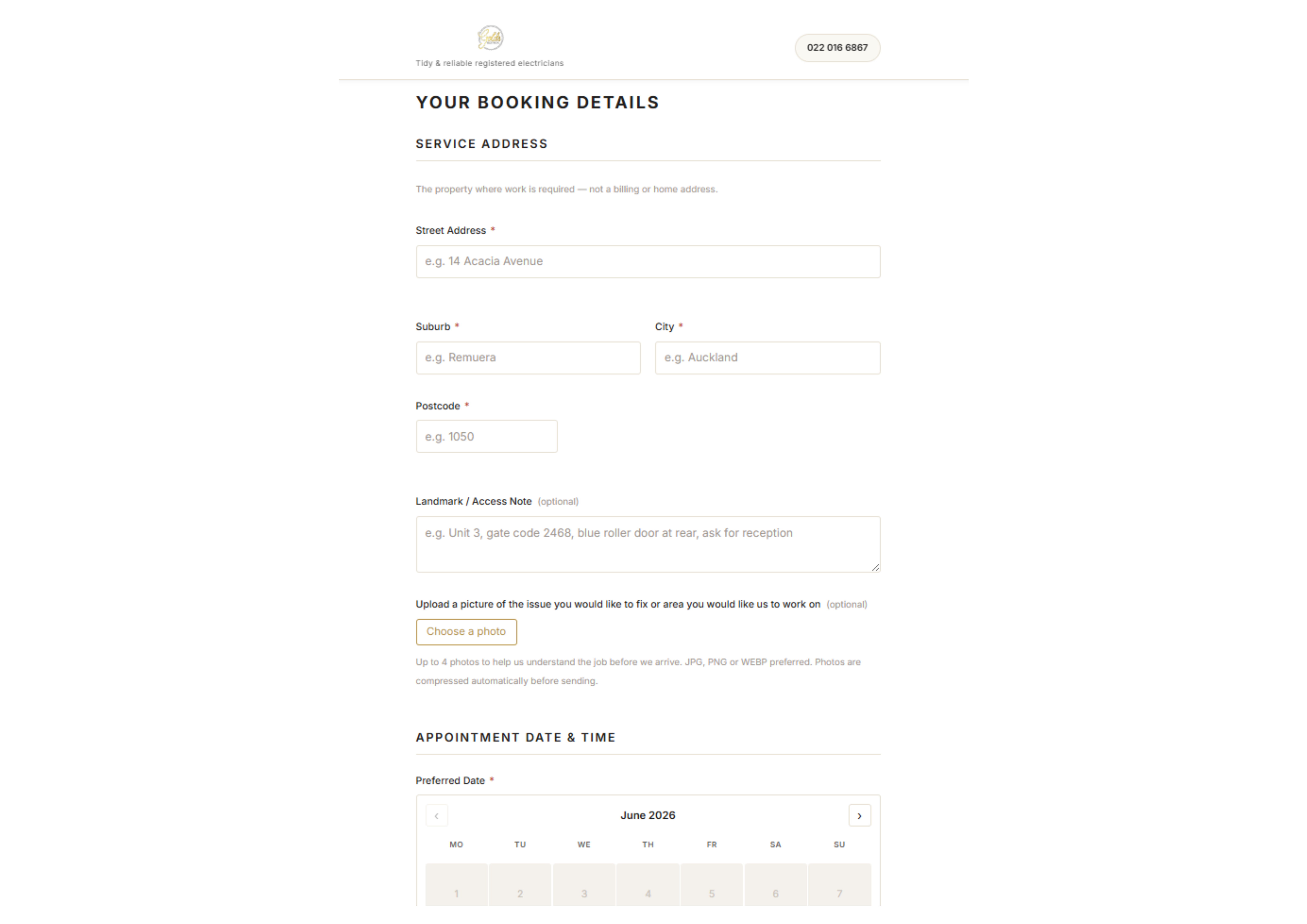Golds Electrical booking form showing service address fields, optional photo upload for the issue or work area, and a calendar for June 2026 showing appointment date selection