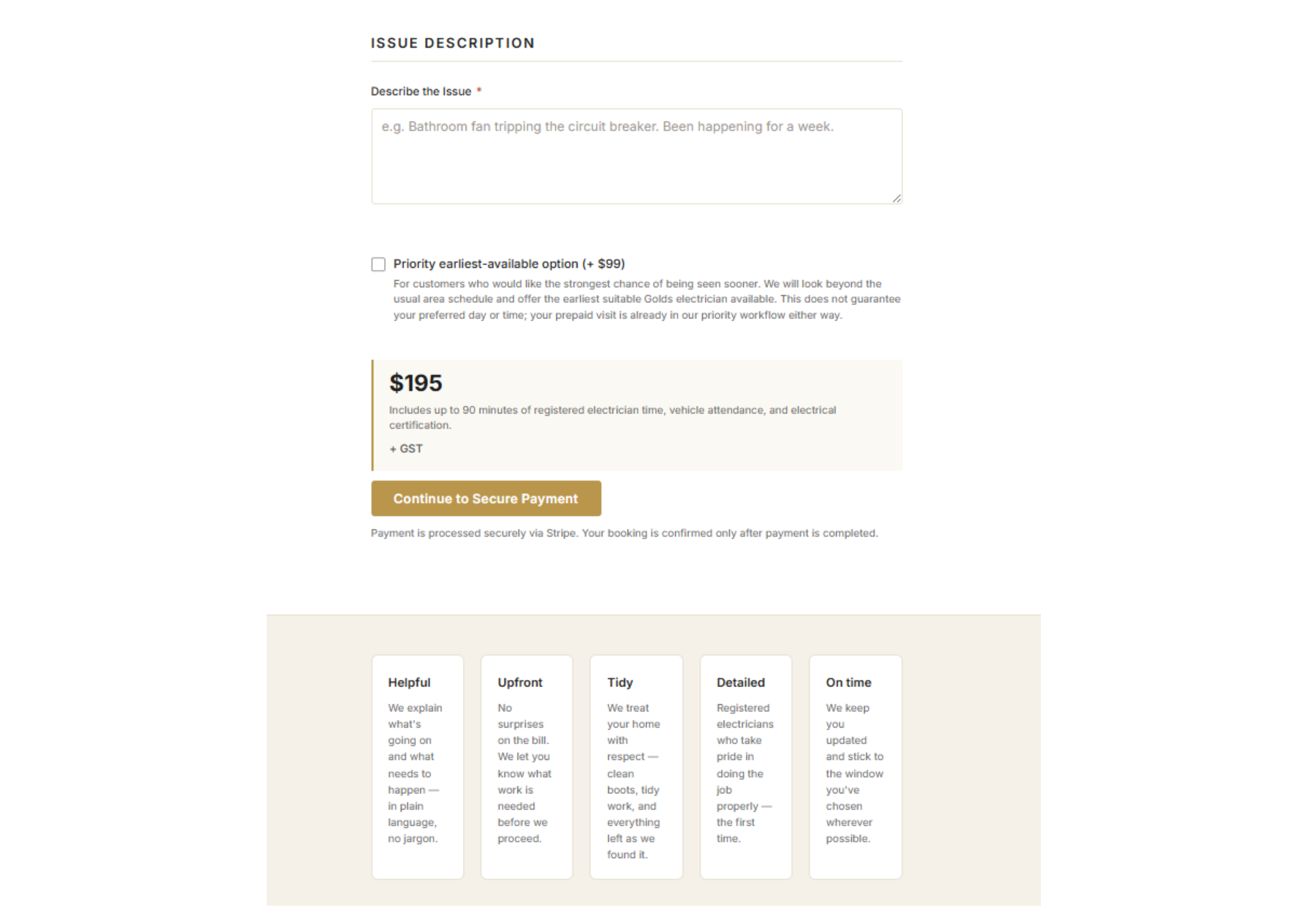 Golds Electrical booking form showing issue description field, priority option, $195 prepaid visit price including up to 90 minutes of electrician time, and a Continue to Secure Payment button