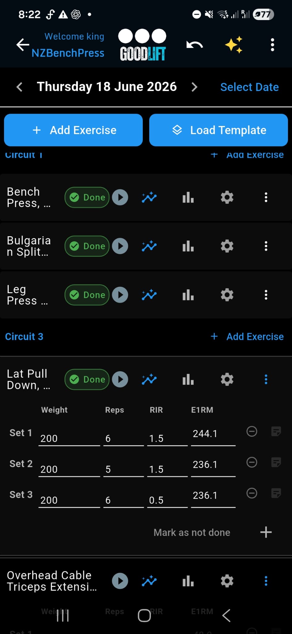 GoodLift workout entry screen showing weight, repetitions and RIR tracking