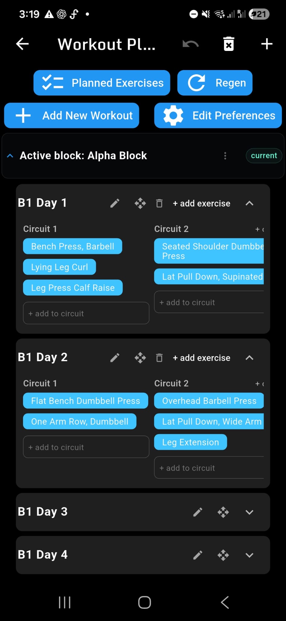 GoodLift workout planner showing structured exercises, sets and training targets