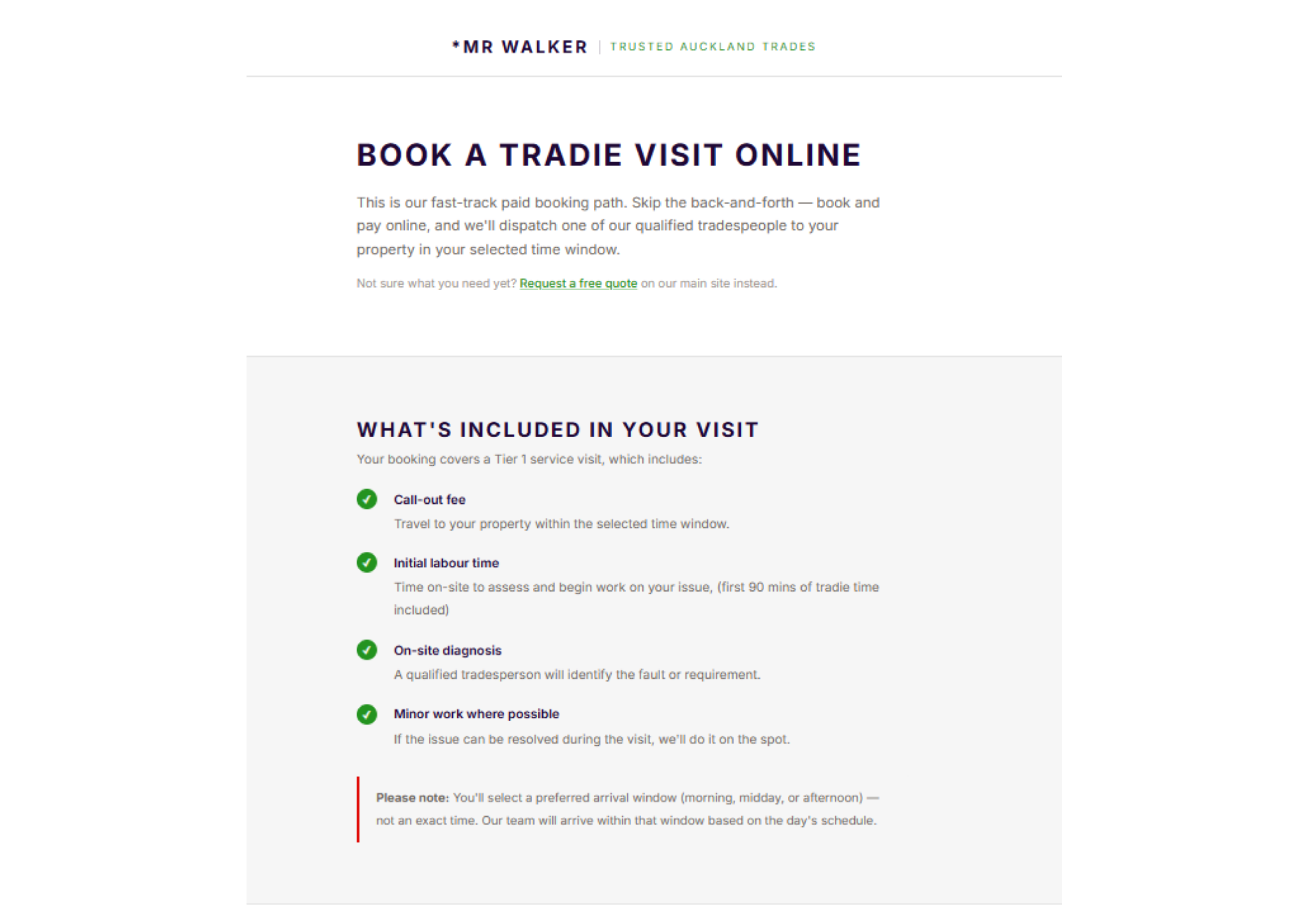 *Mr Walker Trusted Auckland Trades booking page with heading 'Book a Tradie Visit Online', description of the fast-track paid path, and a list of what the service visit includes: call-out fee, initial labour time, on-site diagnosis and minor work where possible