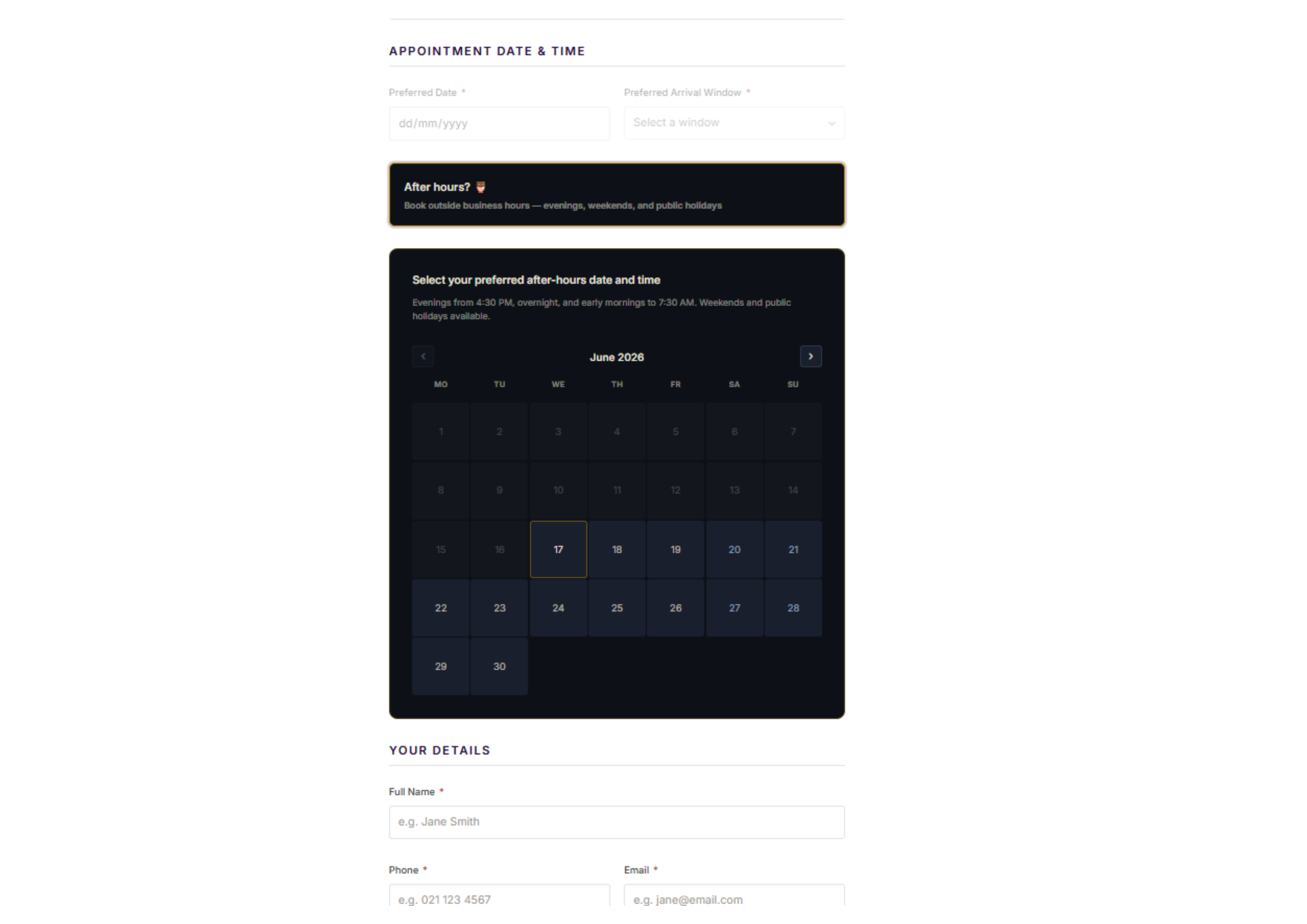 *Mr Walker booking form showing appointment date and preferred arrival window fields, an after-hours booking option with a June 2026 calendar, and customer details fields for name, phone and email