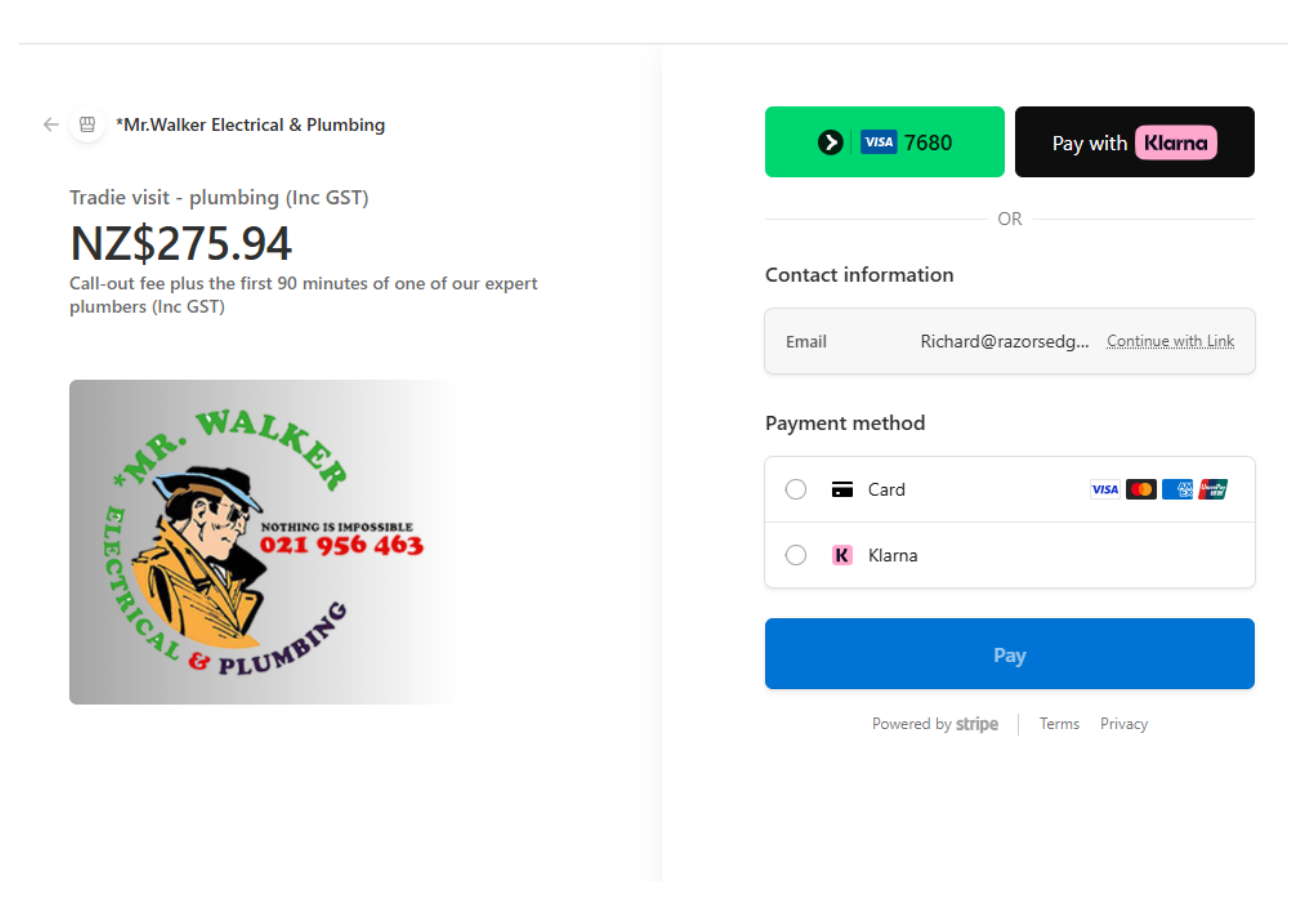 Stripe secure checkout showing a *Mr Walker tradie visit — plumbing — priced at NZ$275.94 including GST, with card and Klarna payment options