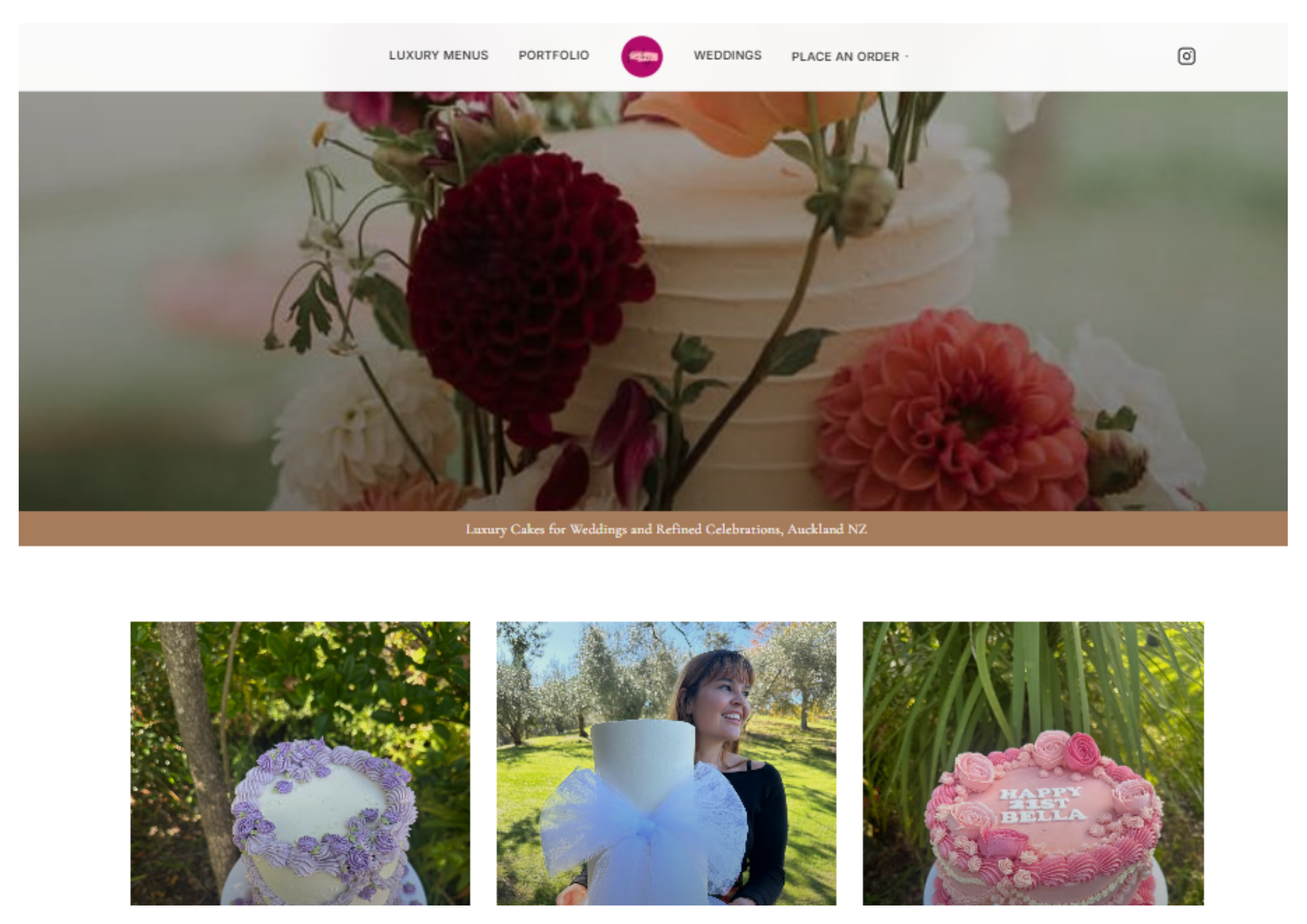 Ruby Cakes Boutique website by Razors Edge Systems — homepage showing a full-bleed hero photograph of a tiered wedding cake with floral decoration, site navigation and a gallery of celebration cakes below