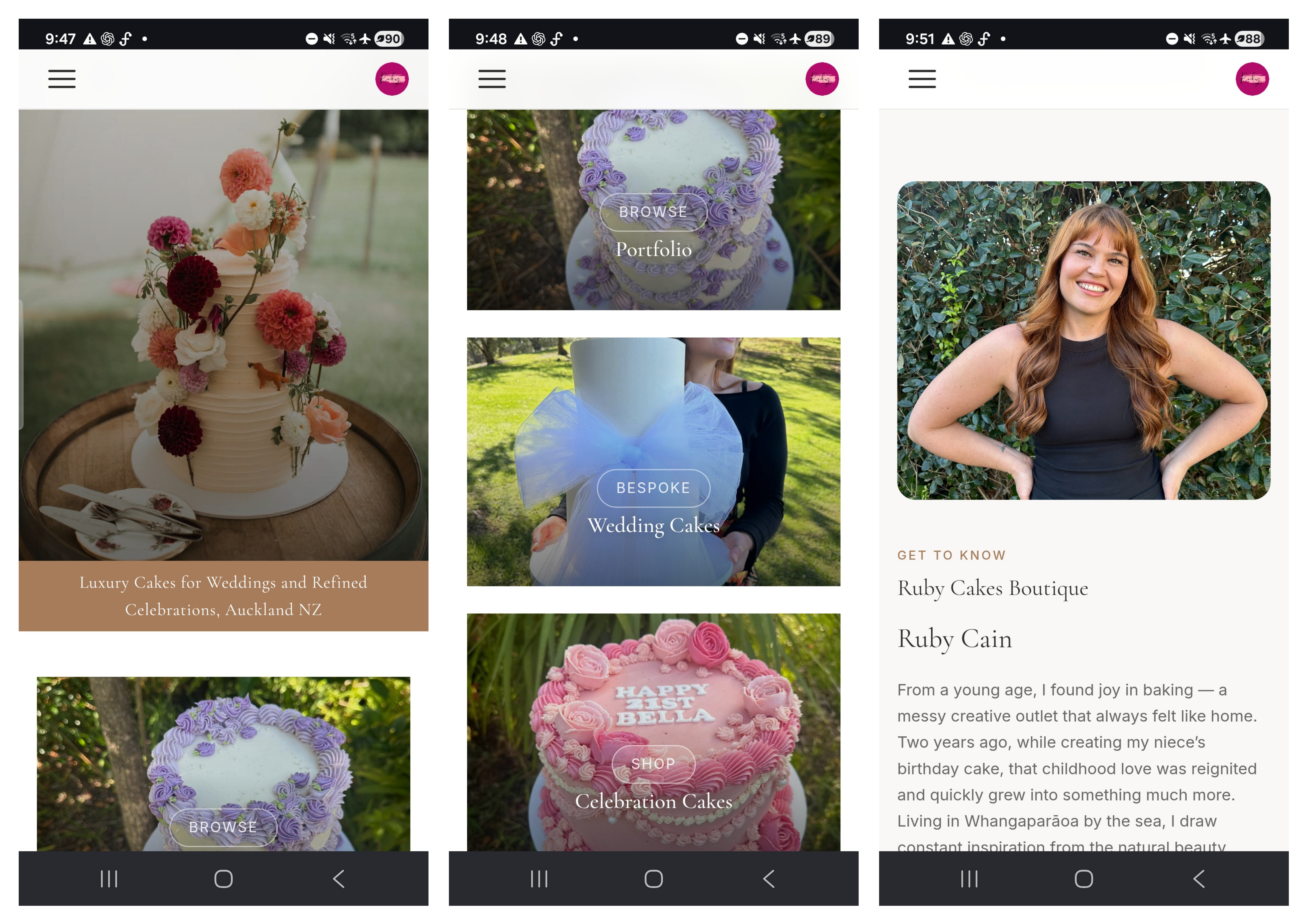 Ruby Cakes Boutique website by Razors Edge Systems displayed across three mobile phone screens showing the homepage hero, bespoke wedding cakes navigation, and the founder's about section