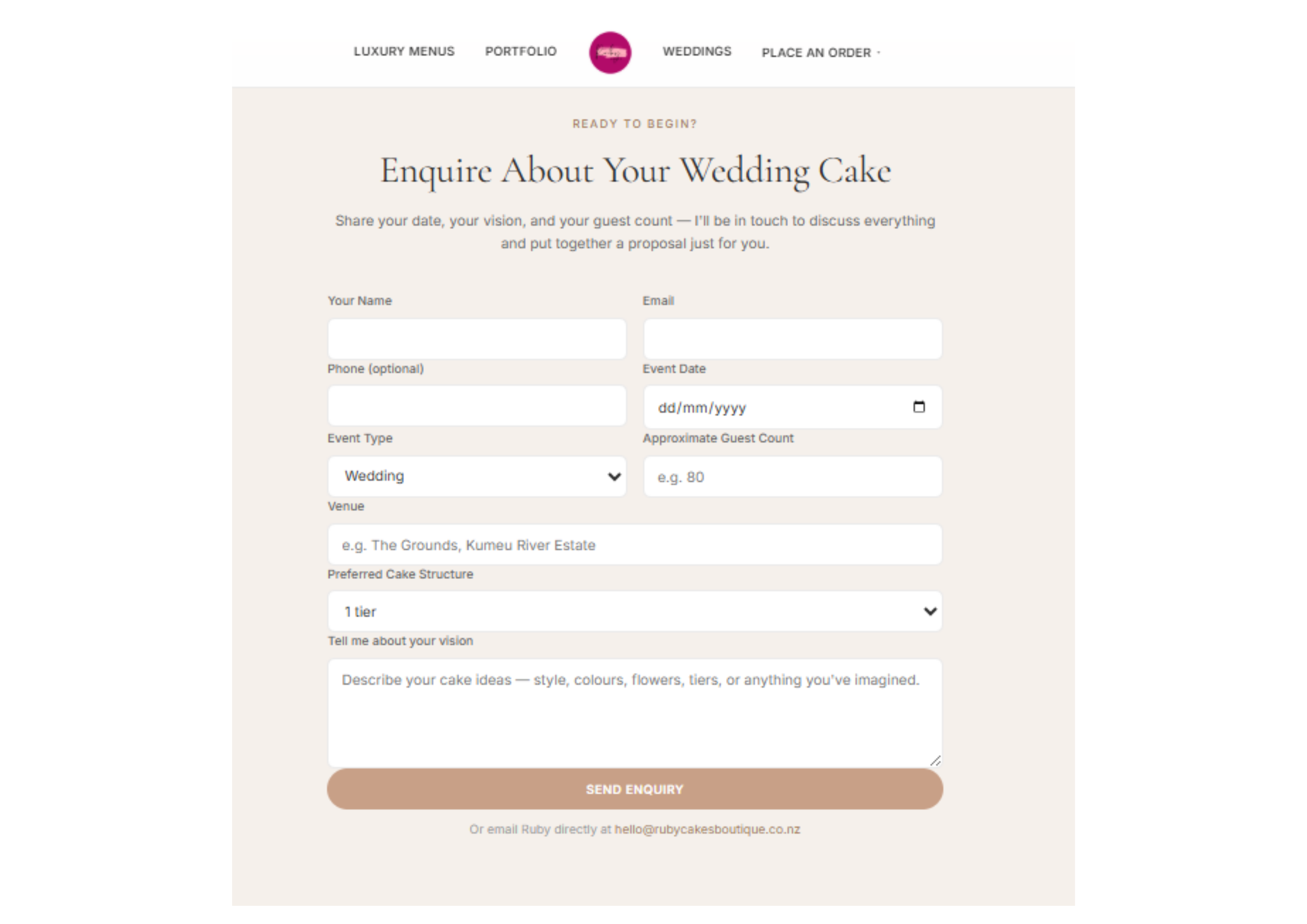 Ruby Cakes Boutique wedding cake enquiry form by Razors Edge Systems with fields for event date, venue, guest count, preferred cake structure and a description of the customer's vision